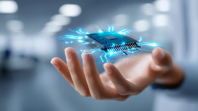 Ai fueled startup funding boom with glowing microchip in hand symbolizing innovation and technology growth in business environment