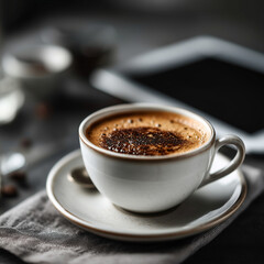 Fototapeta premium cup of coffee on table with digital tablet