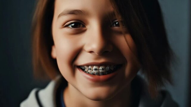Smiling boy with braces shows his teeth as his hair moves cheerfully