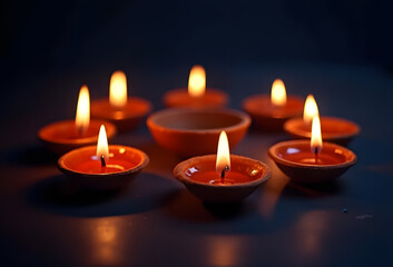 Arrangement of diya lights on blue background, diwali and Indian design