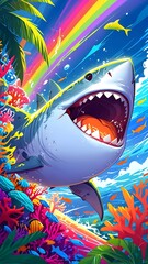 Watercolor shark in the water - Cartoon style animal