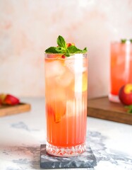 Peach iced drink in tall glass garnished with mint