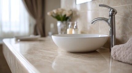 Fototapeta premium Elegant Bathroom Sink with Modern Faucets and Soft Textiles in a Cozy Atmosphere