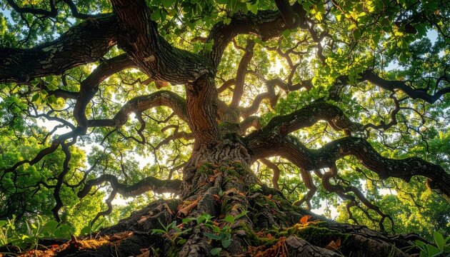 A sprawling oak tree viewed from below, its gnarled branches reaching towards a sunlit sky, enveloped by vibrant green foliage
