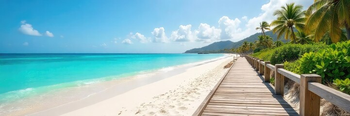Fototapeta premium Sun-drenched wooden boardwalk stretching along a pristine sandy beach, turquoise water gently lapping the shore Perfect for summer vacation and coastal living imagery , coastal scene, sun