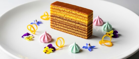 Minimalist photography of Indonesian layered cake presented with abstract pastel garnish and edible flowers reflecting modern contemporary traditional dessert culinary art