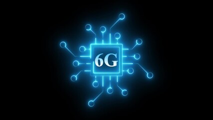 digital chip with 6G text, futuristic processor icon animation on black background, circuit network technology, telecom speed generation concept