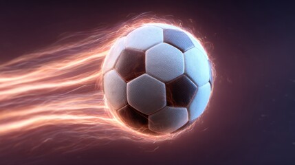 Fototapeta premium Dynamic soccer ball in motion with a glowing trail of energy representing speed and action on a dark background perfect for sports themes