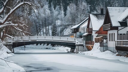 Frozen River with Snowy Bridges and Houses