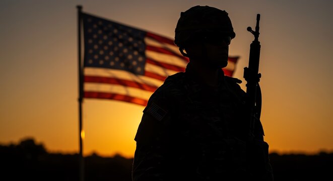 Military soldier silhouette with American flag sunset