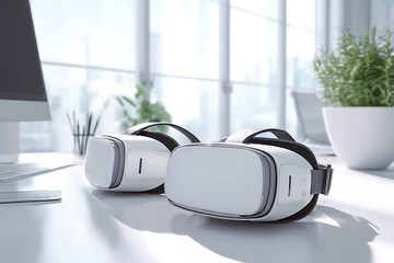 Modern VR headsets on a bright office desk, ready for immersive virtual experiences and futuristic technology
