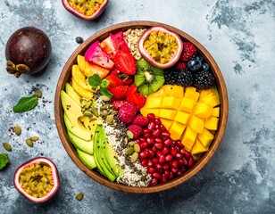 A vibrant and colorful bowl filled with fresh fruits and seeds, perfect for a healthy and delicious meal