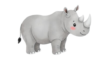 Fototapeta premium Soft watercolor cartoon rhino, side profile, round belly, rosy cheeks, friendly posture, isolated white background design.