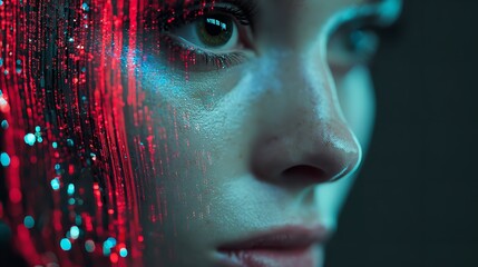 A portrait of a woman with neon green and pink lights highlighting her sharp features, adding a sense of intensity to the image.