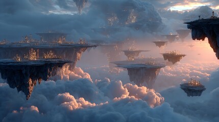 Floating islands and crystal shards create a surreal sunset landscape