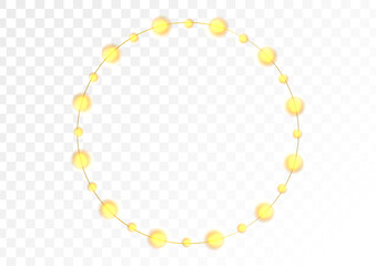 Golden glowing circular garland frame with bright festive lights on transparent background. Graphic vector design