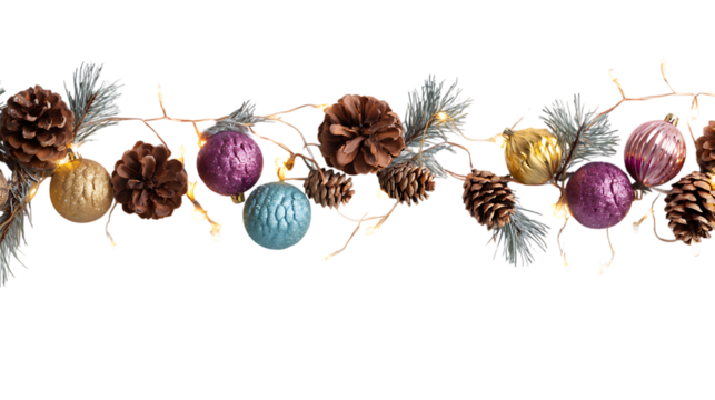Christmas garland isolated on transparent background featuring pine cones, ornaments, and fairy lights for festive decor