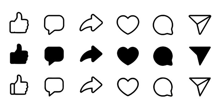 Like, comment, and share icon in line design. Love, Thumbs up, speech bubble, and arrow repost Editable stroke, Solid & outline sign symbol