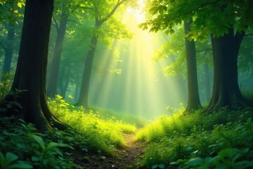 Fototapeta premium Sunlight dapples through the leaves of a lush, green forest, creating a magical, serene atmosphere Perfect for nature, travel, and environmental themes , canopy, mystery, scenic