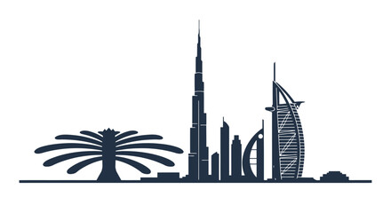 Striking Dubai Skyline Silhouette Vector Illustration for Travel, Tourism, and Architectural Representation. Suitable for travel brochures and promotional material.