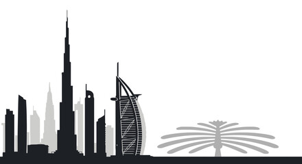 Minimalist Skyline Silhouette of Dubai United Arab Emirates, Ideal for Travel Brochures, Tourism Marketing, and Architectural Design Projects