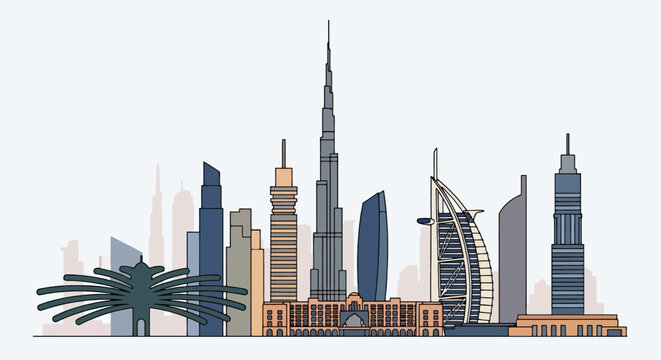 Illustrated Dubai Skyline Featuring Prominent Landmarks, Perfect for Travel Guides, Architectural Presentations, and Tourism Marketing Material