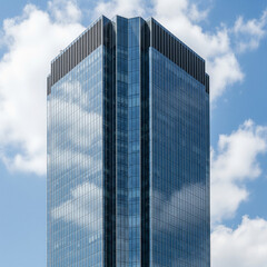 Naklejka premium Modern Glass Skyscraper Facade Reflecting Blue Sky and White Clouds
