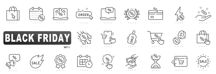 Black Friday ecommerce icons for retail promotions: sale, discount, coupon, cart, checkout, tag, badge, calendar, countdown, click, outline, editable stroke