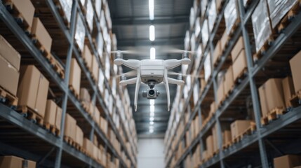 Aerial view of drone navigating through an organized warehouse with stacked cardboard boxes in a well-lit industrial space