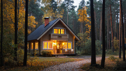 Cozy house illuminated at dusk surrounded by autumn trees  