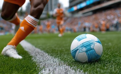 Fototapeta premium close-up of a soccer ball on a corner flag, with one player in an orange uniform about to kick it towards the goal during a match at a stadium