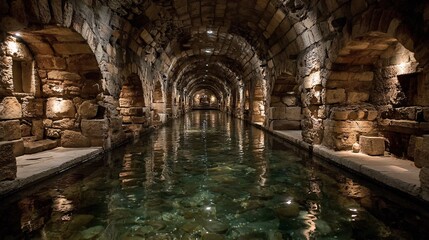 Naklejka premium Ancient Underground Aqueduct with Stone Arches and Water Reflection