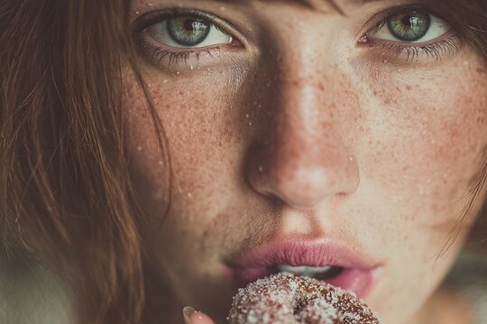 Close-Up Portrait of Woman Enjoying Sweet Treat with Sugar Crystals