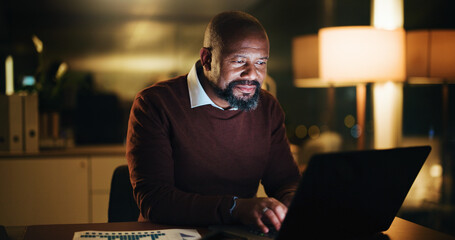 Laptop, research and reading with business black man in office for night, account manager or...
