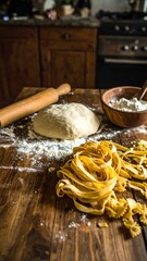 Fresh pasta dough and noodles on rustic wooden table