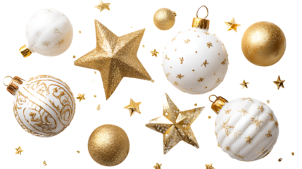 Christmas ornaments and stars isolated on transparent background, featuring white and gold baubles with glitter and shine