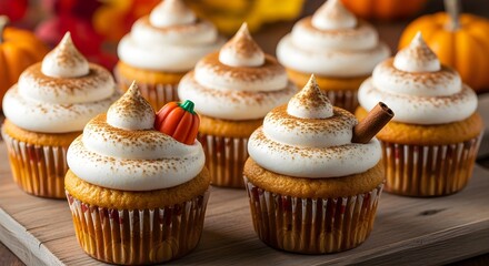 Pumpkin spice cupcakes topped with whipped cream and cinnamon sprinkle.