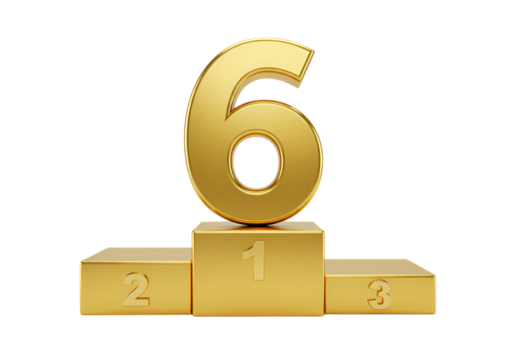 Gold Podium: Number Six on Winner's Platform; 3D Rendering of First, Second, and Third Place