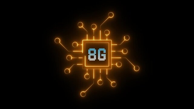 digital chip with 8G text, futuristic processor icon animation on black background, circuit network technology, telecom speed generation concept