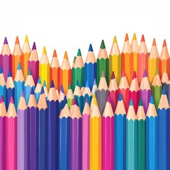 Vivid, vibrant colored pencils arranged tightly, with varying heights against a stark white backdrop, creating a colorful wave effect