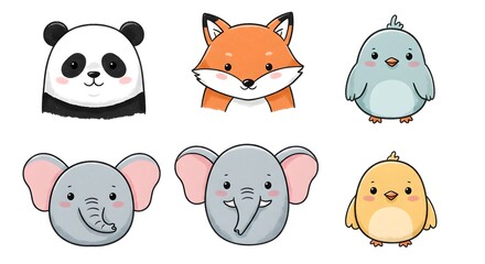 Cute pastel cartoon animal set with panda, fox, elephant, bird.