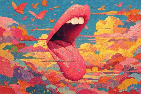 Vibrant Lips and Colorful Butterflies in a Surreal Sky Artwork