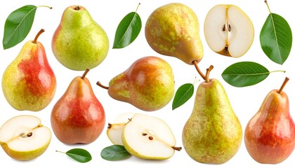 Fresh pears and leaves on a white background
