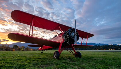 Vintage red biplane at sunset