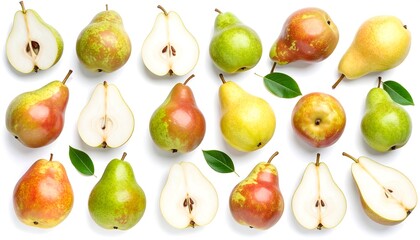 Fresh pears, whole and halved, arranged in a geometric pattern