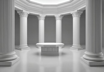 Serene Minimalist Interior with White Marble Columns and Pedestal