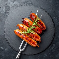 Grilled sausages on skewers, dark gray stone plate