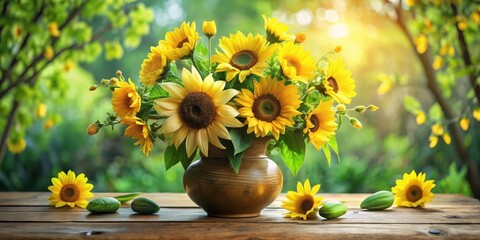 A vibrant bouquet of sunflowers arranged in a rustic vase, bathed in sunlight, sits on a weathered wooden table outdoors