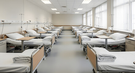 A large, bright hospital ward with many empty beds lined up in rows, suggesting a modern medical facility.