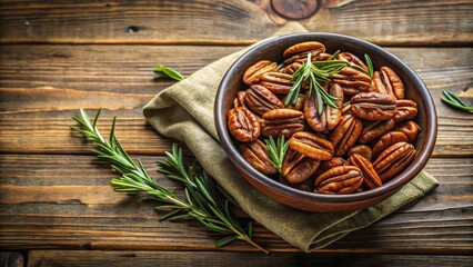 Aromatic Roasted Pecans with Fresh Rosemary in Rustic Bowl on Wooden Surface